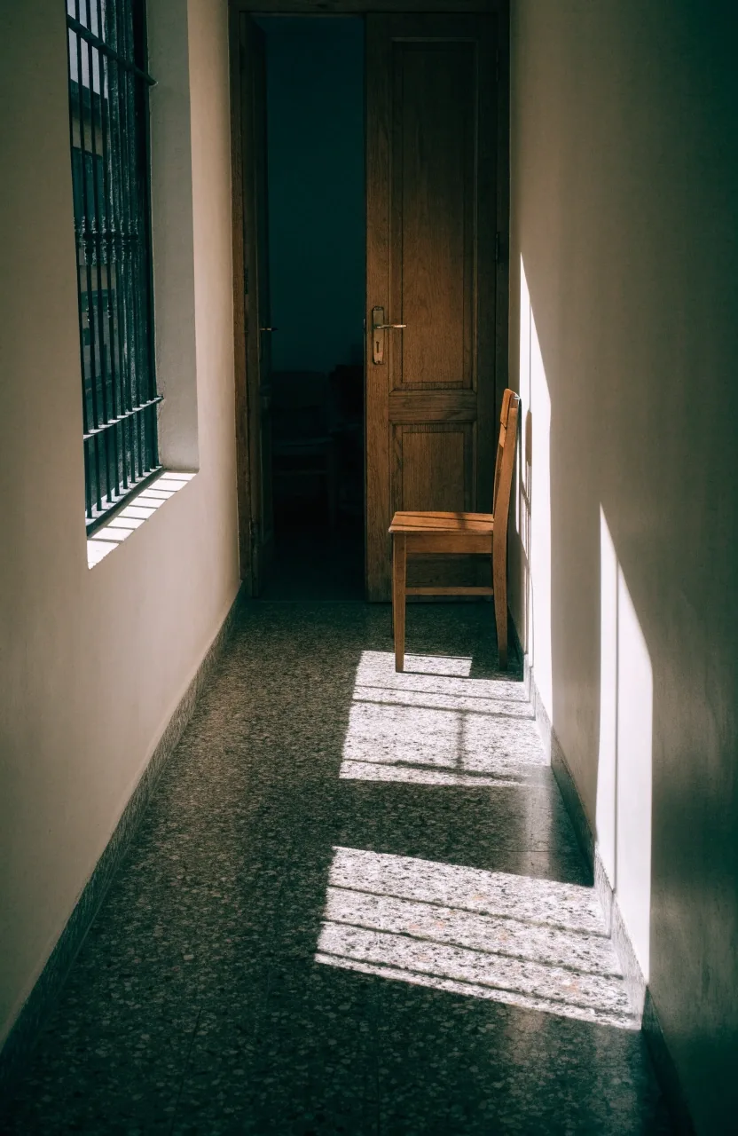 Rincón de un escritorio de madera en una casa española con luz de mediodía entrando por una persiana semiabierta