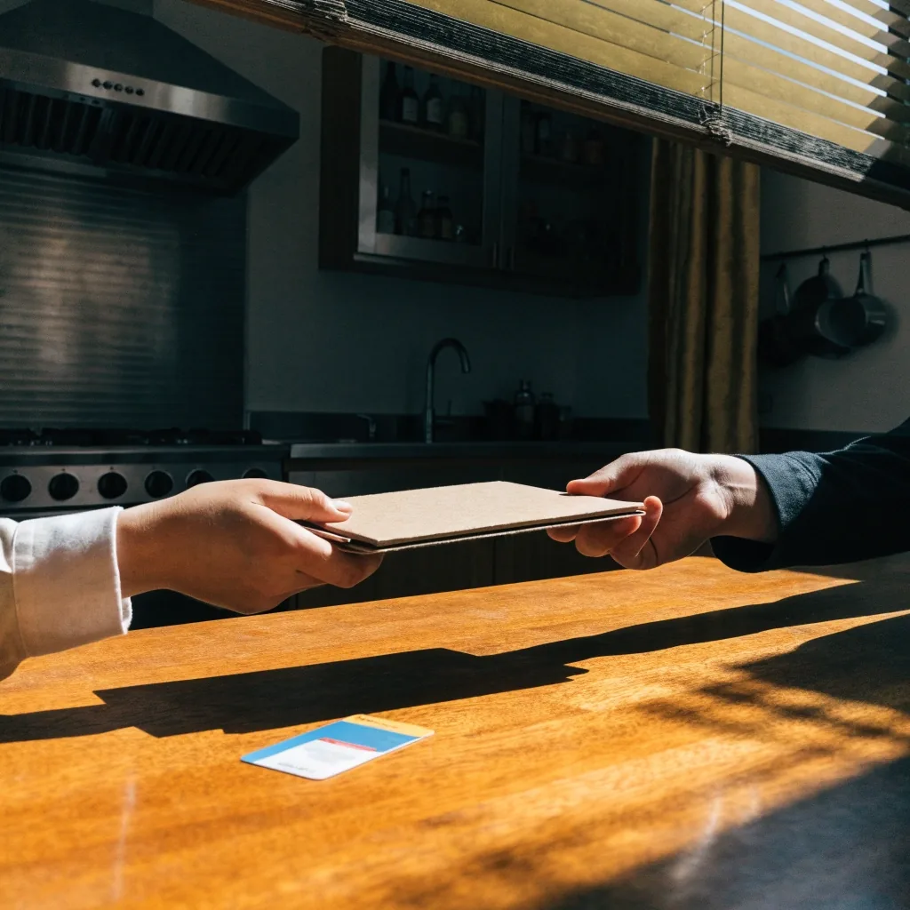 Dos manos pasándose una carpeta cerrada sobre una mesa de cocina con luz dura de mediodía