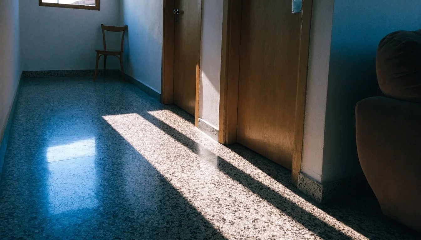 Pasillo de una vivienda española al mediodía con dos puertas y una franja de luz dura en el suelo