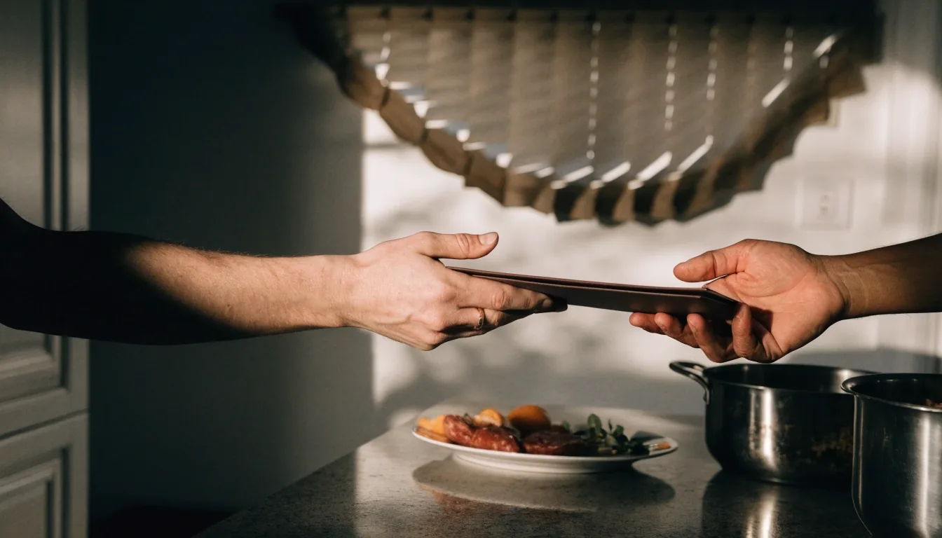 Dos manos pasándose una carpeta cerrada sobre una mesa de cocina