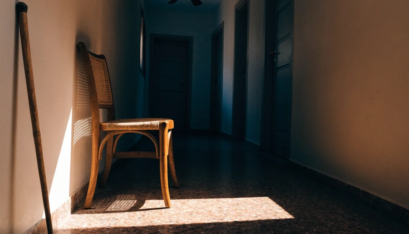 Pasillo de una casa española con luz de mediodía en el suelo y un bastón apoyado en la pared