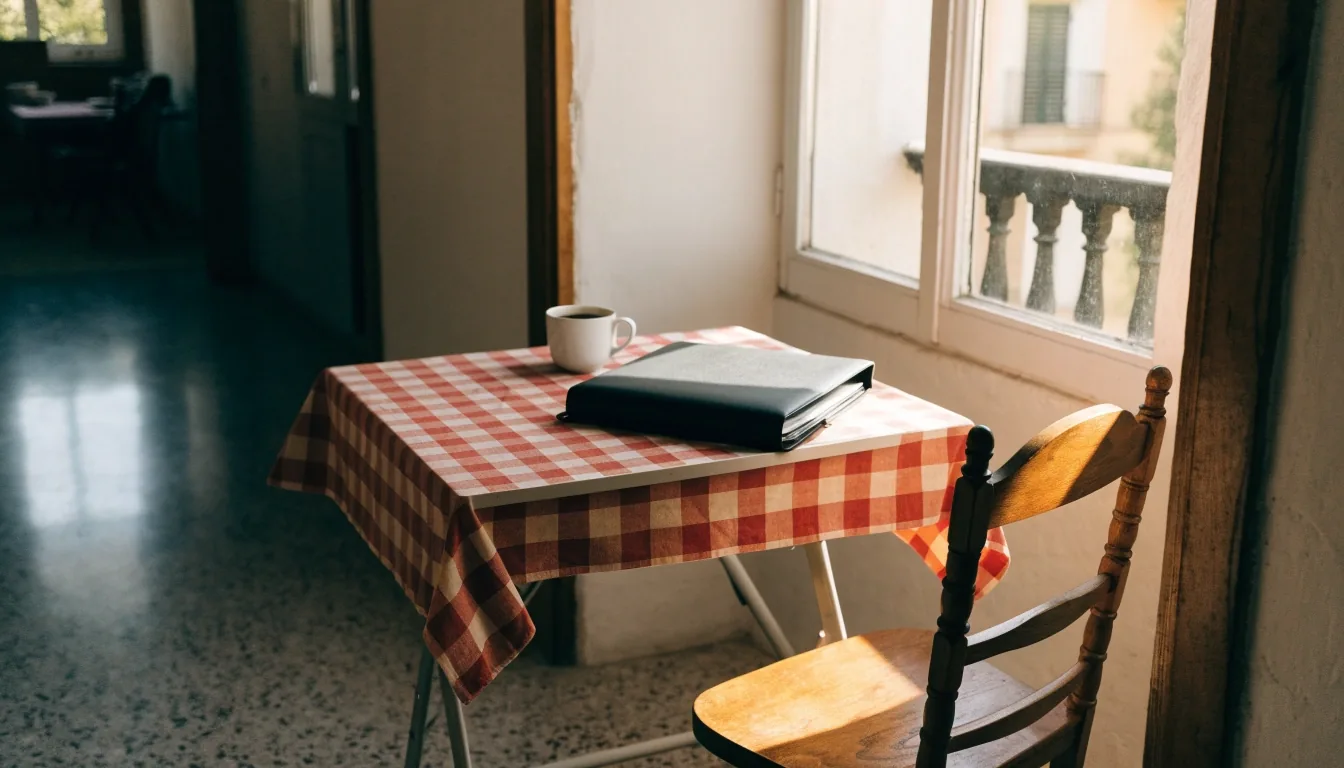 Carpeta boca abajo sobre una mesa de madera junto a una silla, con luz de mediodía en la pared