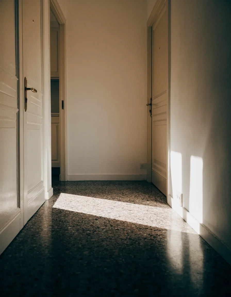 Pasillo de una vivienda española con dos puertas y una franja de luz de mediodía en el suelo