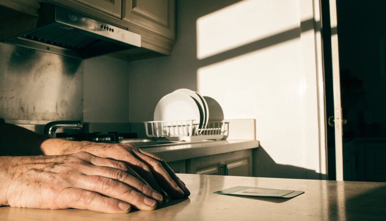 Dos manos sobre una mesa de cocina junto a una tarjeta sanitaria colocada boca abajo