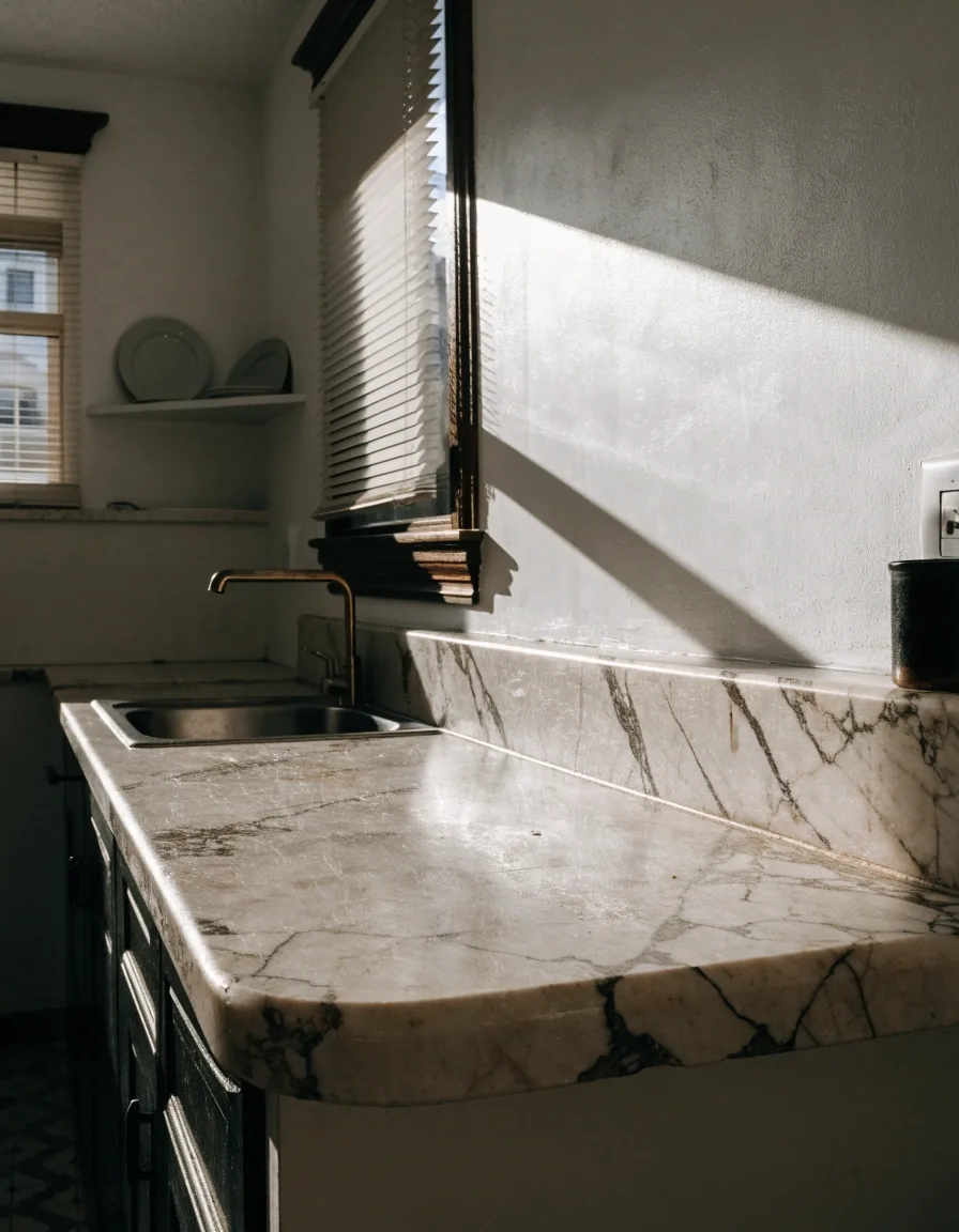 Pared clara de una vivienda con una única línea de sombra dura proyectada por una ventana