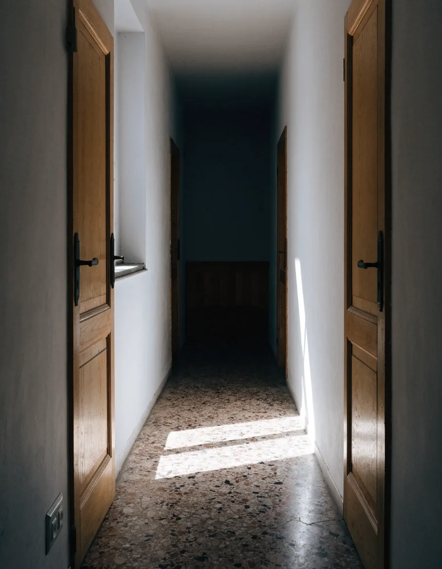 Pasillo de una vivienda española con dos puertas y una franja de luz al mediodía sobre el suelo