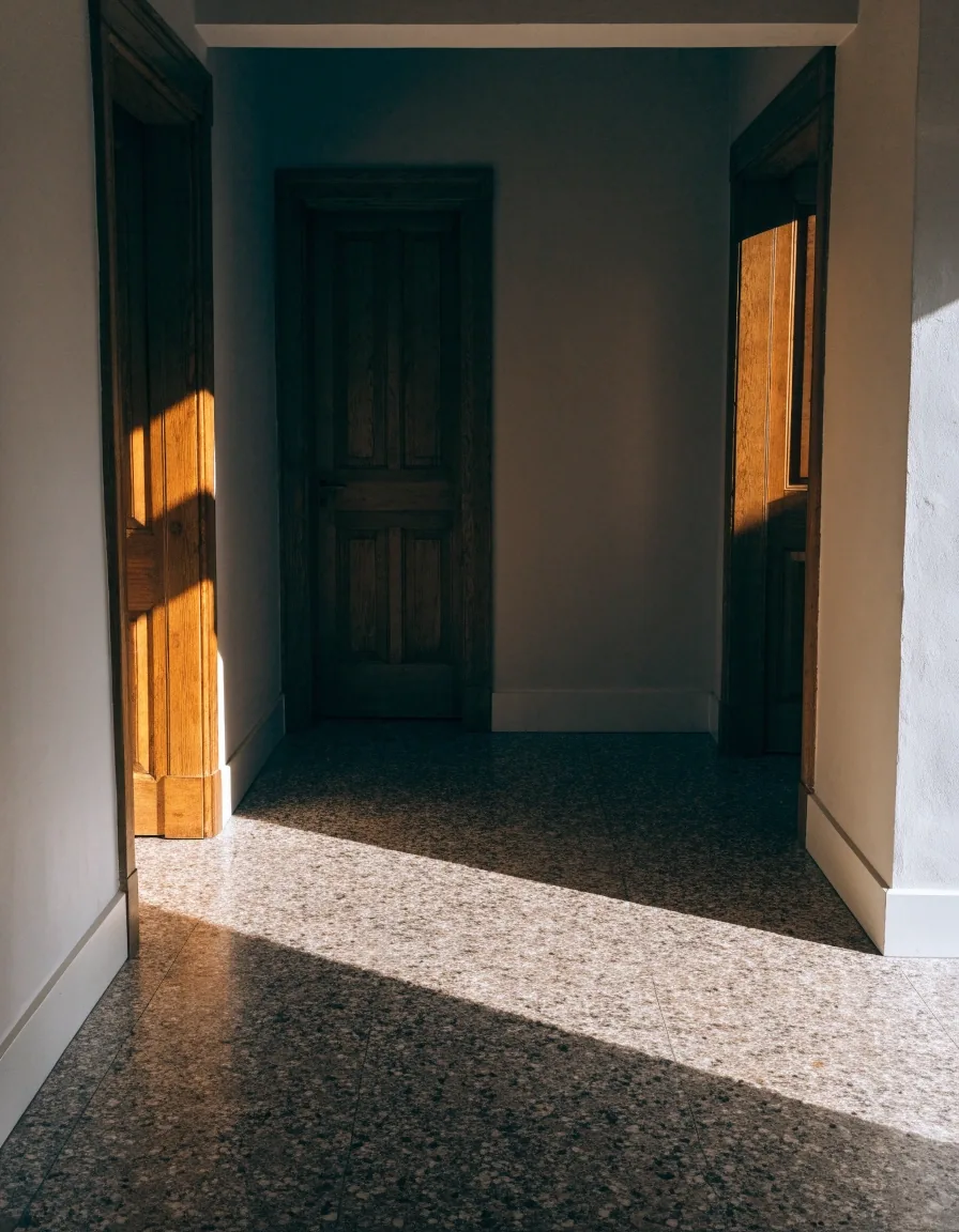 Pasillo de una vivienda española con dos puertas y una franja de luz de mediodía en el suelo
