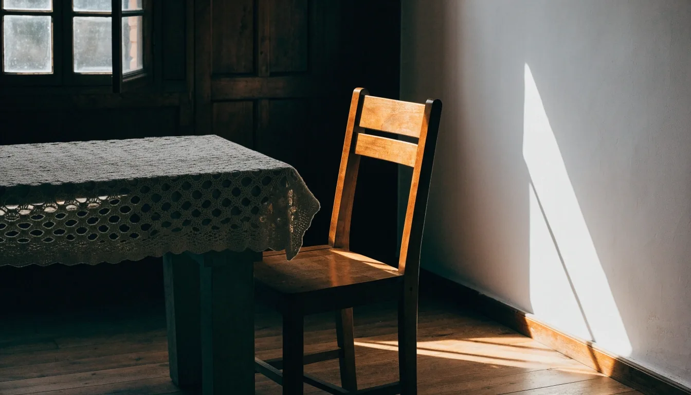 Rincón de una casa española con una mesa y una silla junto a la ventana, luz fuerte del mediodía