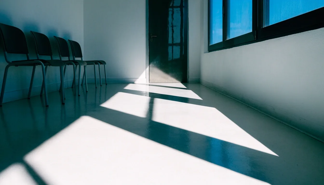 Sala de espera de un centro de salud español, vacía, con sillas y luz dura de mediodía