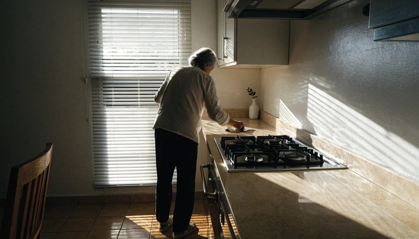 Cocina de una vivienda española con luz de mediodía entrando por una persiana medio bajada