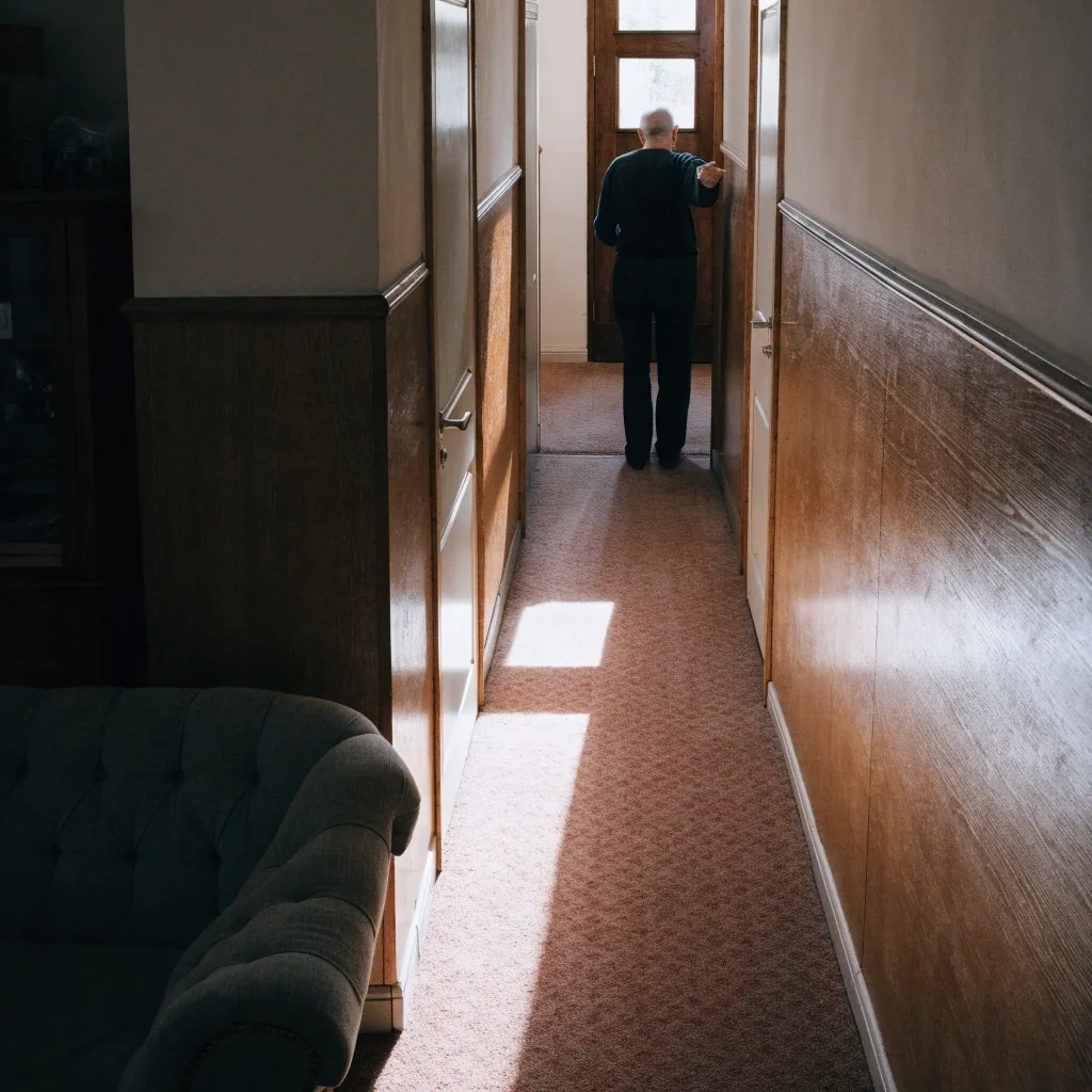 Pasillo interior de una vivienda española con luz de mediodía sobre el suelo