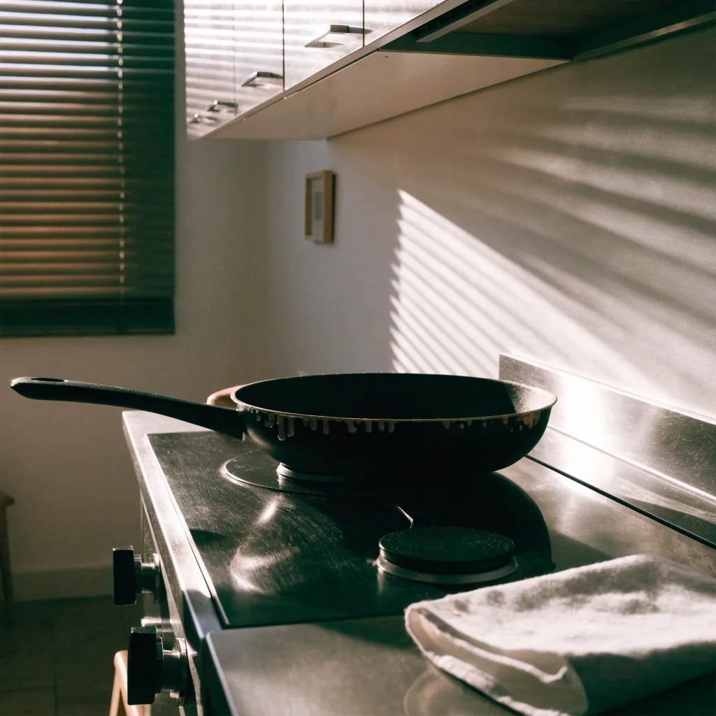 Sartén sobre un fogón de gas en una cocina española con un paño de cocina doblado al lado