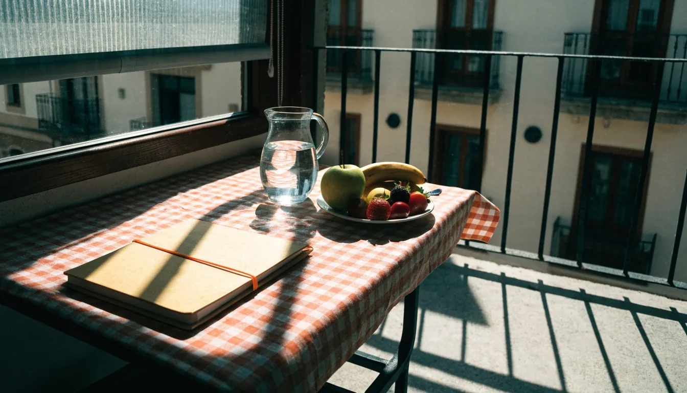 Mesa de comedor española con una carpeta cerrada boca abajo junto a un vaso de agua y luz dura de mediodía
