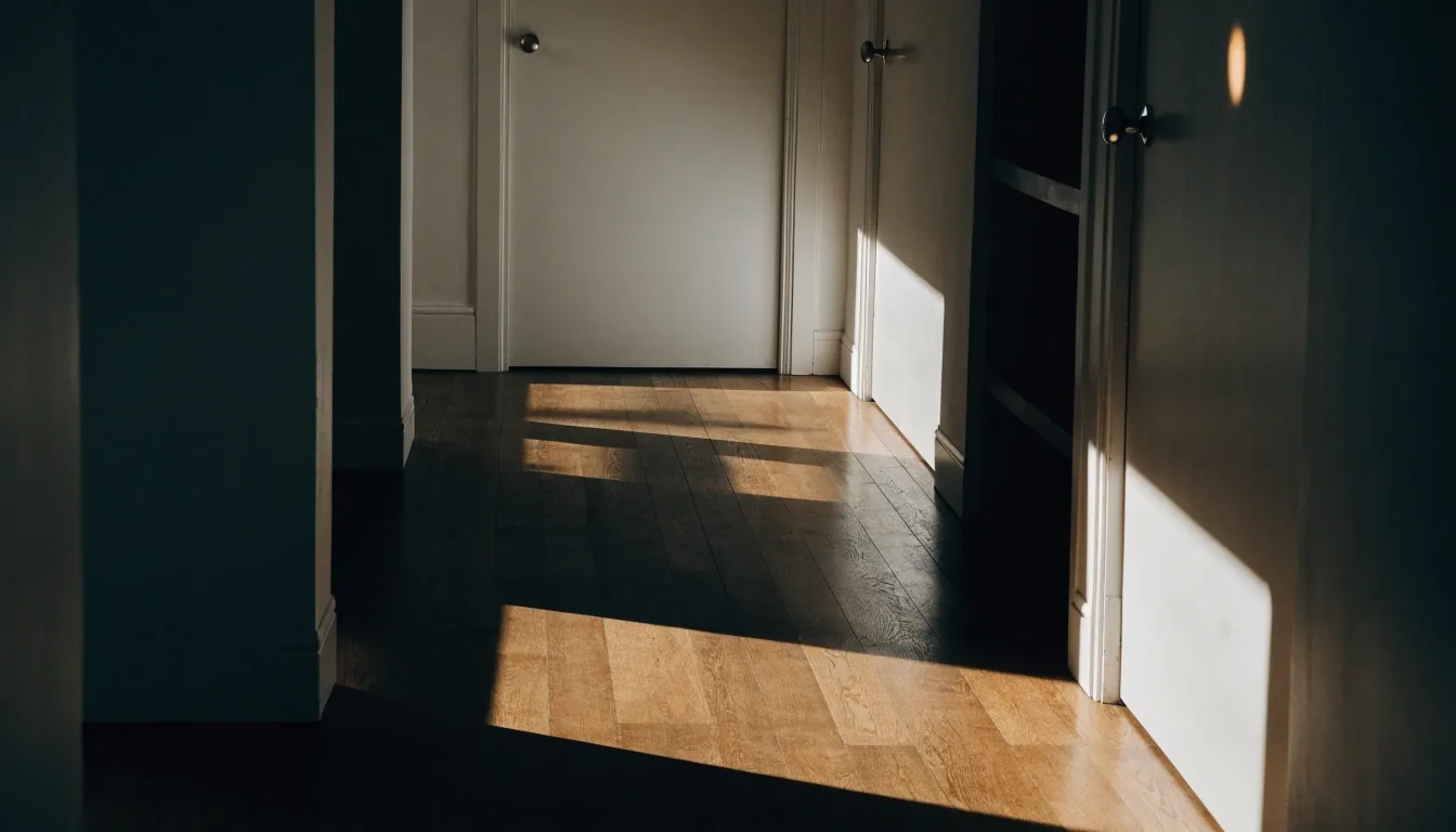 Pasillo de una vivienda española al mediodía con dos puertas y una franja de luz dura sobre el suelo