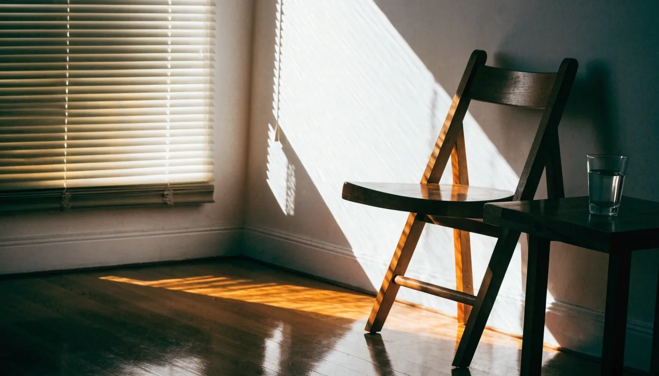 Ventana de un salón español al mediodía con persiana a medio bajar y una silla retirada junto a una mesita